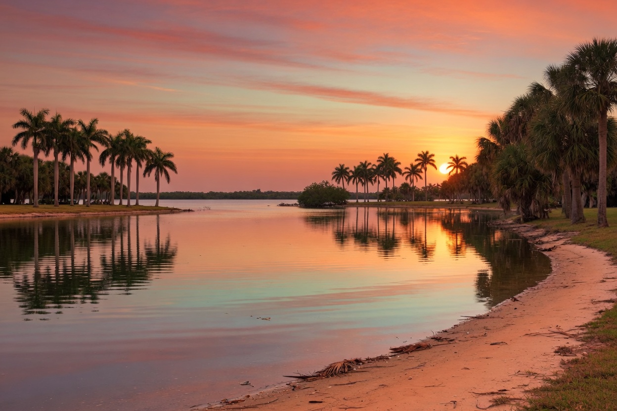 A Florida lake at sunset, lined with palms