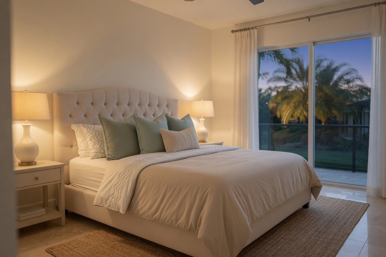 Main bedroom with an upholstered bed and a sliding door to the garden