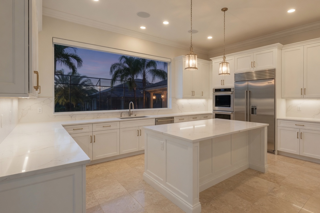 White kitchen with an island and pendant lights