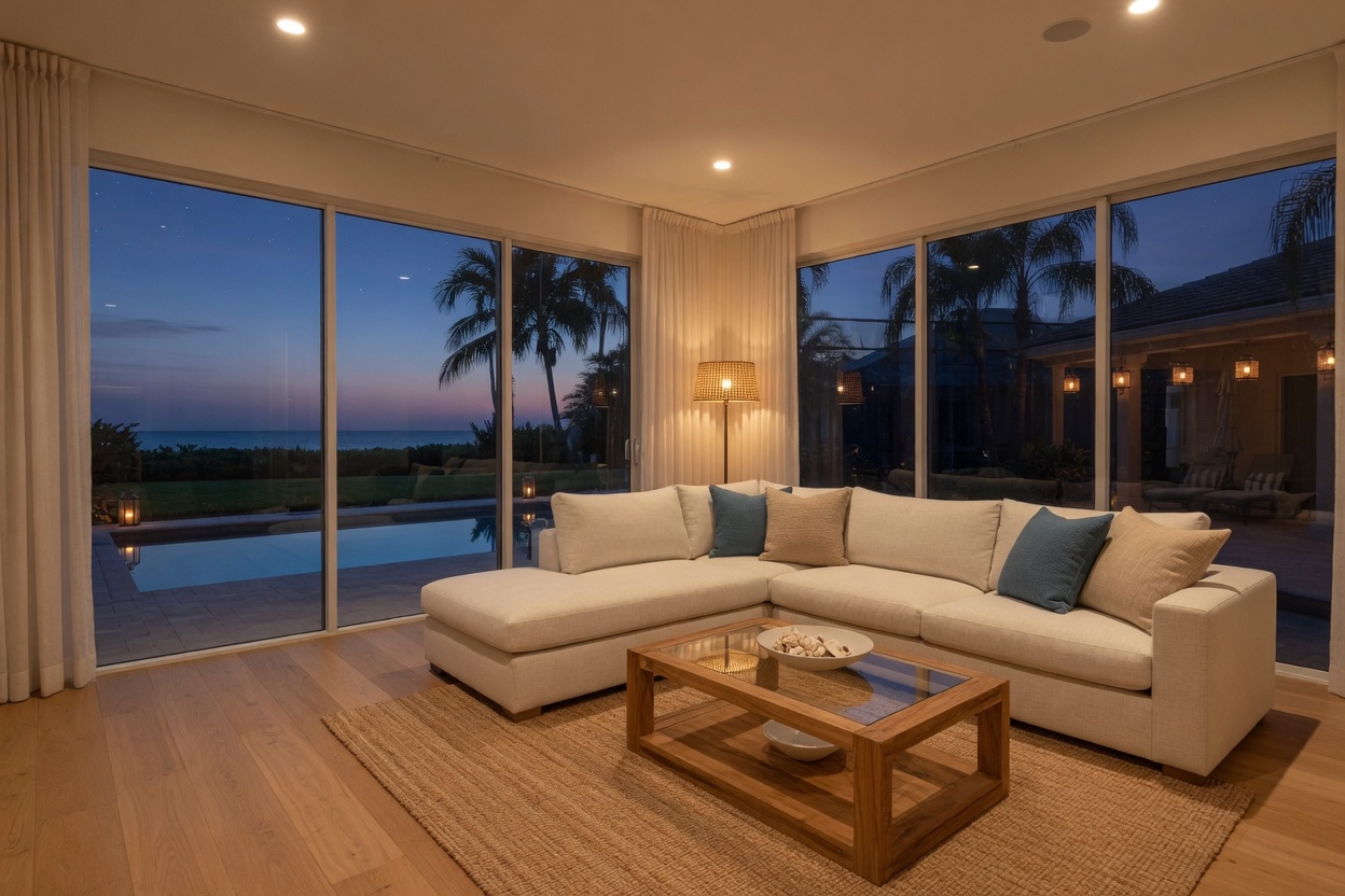 Living room with a sectional sofa and sliding doors to the pool at dusk