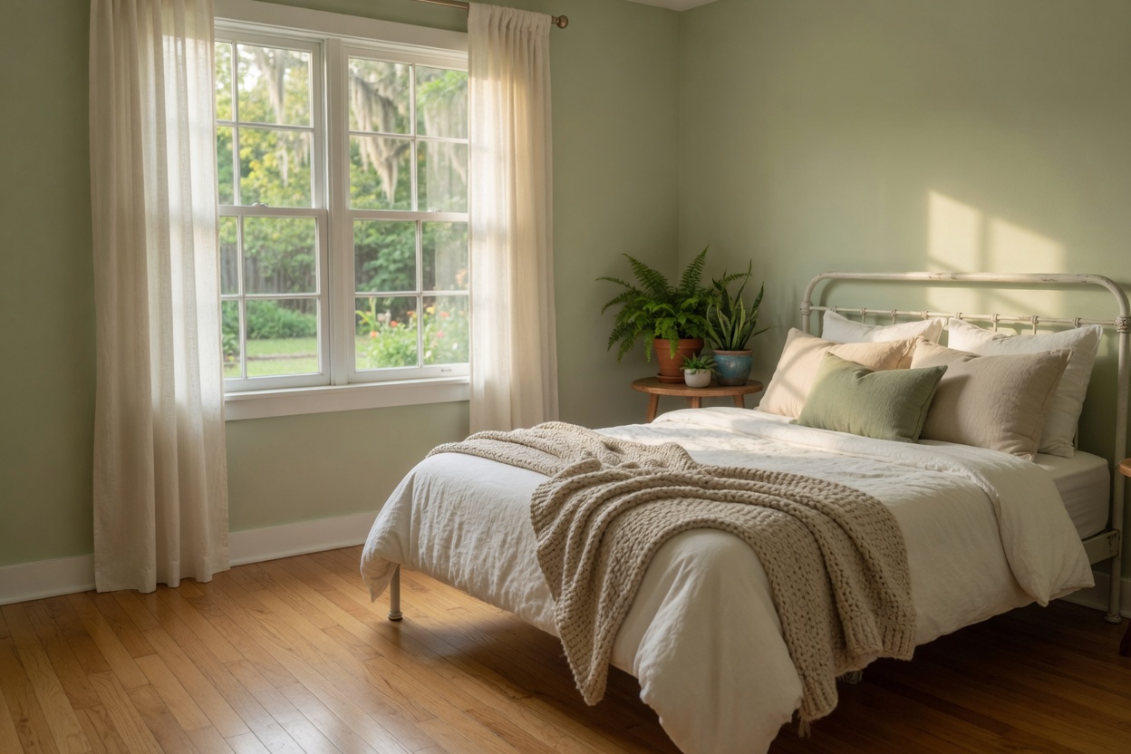 Cottage bedroom with white linens and a garden window