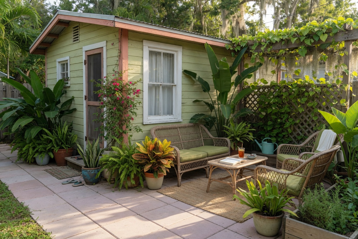 The Palm Cottage, a green cottage with a garden patio and wicker chairs