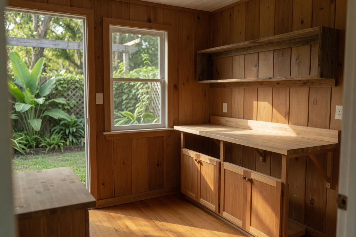 Cottage kitchen with wood cabinets and a door to the garden